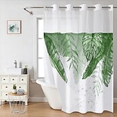 baratos Cortinas de Banho-Cortina de Chuveiro Texturizada em Malha de Waffle com Folhas com Forro Removível e Janela Transparente Repelente à Água em Poliéster Topo com Ilhós 120GSM Qualidade de Hotel Estilo Spa Divisão de