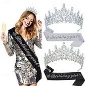 cheap Birthday Party Supplies-Birthday Party Elegant Birthday Girl 2-Piece Set Rhinestone-Embedded Crown and Sash for Ball and Party