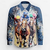 levne Vintage košile-Kentucky Derby Pánské Koňské dostihy Košile Košile na knoflíky Dlouhý rukáv Vintage Retro Dovolená Festival Léto Jaro Přehnutý 3D tisk Legrační trička Kentucky Derby Vodní modrá