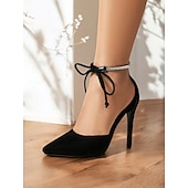 abordables Talons Aiguilles-Escarpins à talons aiguilles en daim noir pour femme, bout pointu, bride cheville en strass – chaussures élégantes pour soirées et rendez-vous galants