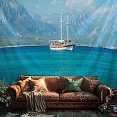 abordables Ocean Beach Tapestry-Landscape Ocean Hanging Tapestry Wall Art Large Tapestry Mural Decor Photograph Backdrop Blanket Curtain Home Bedroom Living Room Decoration Boat Sailing