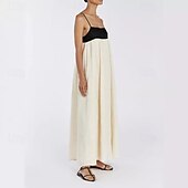 preiswerte Kleider aus Baumwolle und Leinen entwerfen-Damen Langes Kleid Maxikleid Leinen-inspirierte Kleider Baumwoll-Leinenkleid Unterkleid Mode Klassisch Täglich Ferien Wochenende Normale Passform Farbblock Ärmellos Spaghettiträger Schwarz Rosa