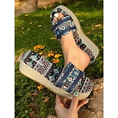 cheap Vacation Sandals-Women&#039;s Bohemian Woven Platform Sandals – Ethnic Print Slip-On Espadrille Wedge Slides for Summer, Beach &amp; Casual Wear
