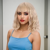 お買い得  トレンドの合成ウィッグ-人工毛ウィッグ ウェーブ カーリーウィーブ アシメントリー・ヘアカット ニートバング 機械製 かつら 14 インチ A1 合成 女性用 クラシック 快適 カラーグラデーション ライトブラウン