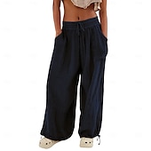 ieftine Pantaloni din bumbac simplu-pantaloni din bumbac și pânză pentru femei, îmbrăcăminte stradală la modă, confort, lungime, talie înaltă, șnur simplu, talie elastică, șnur confortabil în aer liber, ținută confortabilă de zi cu zi