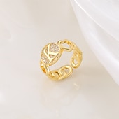 voordelige Geschenken-gepersonaliseerde letterring, cadeau voor moeder, 18k vergulde koperen ring, glad hartontwerp, verstelbare open band met zirkoon, stijlvolle en veelzijdige sieraden voor vrouwen