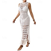 baratos Swimdresses-Mulheres Roupa de Banho Cobertura roupa de banho Com Corte Franja Roupa de Praia Verão Tecido Decote Redondo Sem Manga Fatos de banho