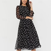 cheap Elegant Floral Dresses-Women's Midi Dress Lace Dress Cocktail Dress Elegant Fashion Party Birthday Date Regular Fit Polka Dot Long Sleeve Crew Neck Black Khaki Summer