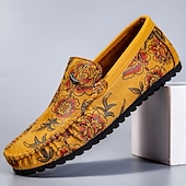 abordables Chaussures sans lacets &amp; mocassins-Mocassins brodés de fleurs pour hommes en daim jaune - des chaussures élégantes à enfiler parfaites pour les sorties décontractées et les événements artistiques