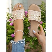 abordables Sandales de Vacances-Sandales à enfiler noires cloutées pour femmes – sandales plates tendance à rivets dorés pour l&#039;été, la plage et les sorties décontractées