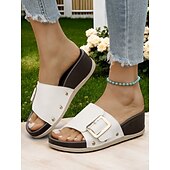 cheap Casual Sandals-Chic Wedge Slide Sandals for Women - Comfortable Casual Wear with Stylish Buckle and Rivet Details, Perfect for Leisure or Weekend Outings
