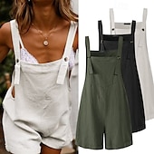 preiswerte Hose-Damen Normal Leinen-inspirierte Hosen Lässig Einfarbig Ärmellos U-Ausschnitt Knöpfe Täglich Ausgehen Normale Passform Schwarz Blau Fuchsie Sommer