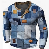 billige Geometrisk-Herre Grafisk Ruter Henly-skjorte Vaffel T-skjorte Langermet 3D-utskrift Designer Fritid Vintage retro Sport &amp; Utendørs Ferie Festival Vår &amp; Vinter Lyseblå Navyblå Kongeblå Blå Himmelblå Henley