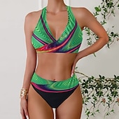 cheap Leopard Swimwear-Women&#039;s Plus Size Swimwear Bikini Tankini 2 Piece Cheeky Swimsuit Deep V Push Up Knitted Stylish Beach Wear Leopard Color Block Plunge Sleeveless Bathing Suits