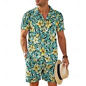 cheap Men&#039;s Printed Shirts Sets-Men&#039;s Floral 2pcs Shirts Sets Shirt Short Sleeve Short Pants Cuban Collar Vacation Casual Daily Vacation Wear 3D Print Summer Robin&#039;s Egg Blue Green Brown