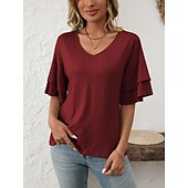 cheap Plain tee-Women&#039;s T Shirt Plain Fashion Modern Short Sleeve V Neck Regular Tops Daily Ruffle Black White Wine Sky Blue Fuchsia Summer