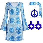 baratos Conjuntos-Retro Vintage Anos 60 Anos 70 Traje Cosplay Roupa Conjunto de acessórios Hippie Mulheres Carnaval Baile de Máscaras Espetáculo Festa Parada do Orgulho Adulto 1 Colar Blusa Brincos