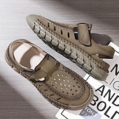 abordables sandalias de exterior-Sandalias beige sin cordones para hombre con diseño perforado y suela acolchada para paseos casuales y ropa de playa.