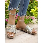 abordables Sandales de Vacances-Sandales à enfiler noires cloutées pour femmes – sandales plates tendance à rivets dorés pour l&#039;été, la plage et les sorties décontractées