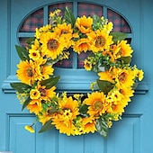 baratos Grinaldas e guirlandas-coroa de primavera girassol artificial &amp;guirlanda de videira - decoração rústica para pendurar em portas, cercas, janelas &amp;vitrines