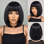 abordables Perruques Synthétiques Sans Bonnet-Perruque Synthétique Lisse Lisse Yaki Coupe Asymétrique Frange Droite Fabriqué à la Machine Perruque 14 pouces A1 Cheveux synthétiques Femmes Fête Classique Confortable Noir