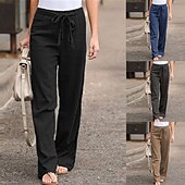 abordables Pantalon uni en coton et lin-Femmes Pantalon en coton et lin Slacks Mode Streetwear Confort Longueur complète Taille haute Uni Conception à cordon élastique Confortable Rue Sortir Bleu œuf de mer Gris Noir Blanche Été Coupe