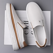 baratos Ténis para Homem-Tênis masculinos slip-on brancos com detalhes em PU – calçados leves e modernos para streetwear, viagens e trajes casuais