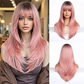 economico Parrucche trendy sintetiche-Parrucche lunghe e lisce in rame per donne, parrucche sintetiche naturali con effetto ombré e frangia per l&#039;uso quotidiano alle feste