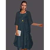 abordables Avec veste-Robe à deux pièces A-ligne pour la mère de la mariée à la plage invitée de mariage élégant col arrondi longueur genou chiffon dentelle sans manches vestes avec plis et appliqués 2025 taille