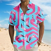 halpa Linnut ja eläimet-Miesten Flamingo Lintu Hauska Paita Havaiji paita Button Up paita Lyhythihainen Havaijilainen Loma Pyhäpäivä Ranta-asut Kesä Sänkyjen avaus 3D-tulostus Edessä yksi tasku Pellava kuin paita Musta