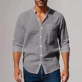 preiswerte Business Casual-Herren Baumwoll-Leinen-Hemd Tiefer Ausschnitt Einfach Urlaub Strand Schwarz Weiß Khaki Dunkelgray Langarm Großvaterkragen Sommer Frühling Bekleidung Tasche