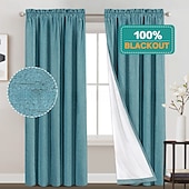 baratos Cortinas &amp; Cortinados-Cortinas de Textura de Linho para Quarto Sólido 100% Blackout Térmica Isolada com Forro Branco Cortinas/Dráperes Escurecedoras para Sala de Estar Berçário 2 Peças L52 x A84