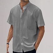 preiswerte Baumwoll-Leinenhemd-Herren Baumwoll-Leinen-Hemd Einfach Urlaub Schwarz Weiß Himmelblau Khaki Kurzarm Großvaterkragen Sommer Bekleidung
