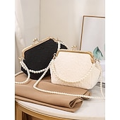 baratos Casamento ACC-Bolsa clutch vintage com alça de pérola para mulheres – elegante bolsa transversal de cetim texturizado para casamentos, festas noturnas e eventos formais