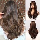 economico Parrucche trendy sintetiche-Parrucche castane ombré con frangia, lunghe e lisce, a strati, per donne, parrucche in capelli sintetici resistenti al calore