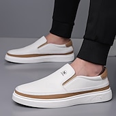 baratos Ténis para Homem-Tênis masculinos slip-on brancos com detalhes em PU – calçados leves e modernos para streetwear, viagens e trajes casuais