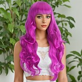 cheap Party Wigs-Synthetic Wig Wavy Bouncy Curl Layered Haircut Neat Bang Machine Made Wig 28 inch A1 Synthetic Hair Women&#039;s Classic Color Gradient Highlighted / Balayage Hair Purple
