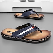 billige Ferietøfler-marineblå flip-flop-sandaler i imitert skinn for menn – myke og komfortable med stroppdetaljer, ideell for uformelle sommerdager, avslapning på stranden og ved bassenget
