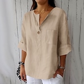 cheap Shirts-Women&#039;s Cotton Linen Blouse Solid Color Elegant Stylish Casual 3/4 Length Sleeve V Neck Regular Tops Daily Holiday Buttons Black White Pink Blue Beige Summer Spring