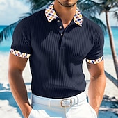cheap Men&#039;s Classic Polo-Men&#039;s Rib Knit Top Golf Polos Shirts Work Casual Lapel Ribbed Polo Collar Short Sleeve Basic Modern Color Block Buttons Knitted Summer Spring &amp; Summer Slim Fit White Yellow Navy Blue Light Blue Rib