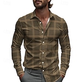 preiswerte Herrenhemd zum Knöpfen-Herren Hemd Sommerhemd Freizeithemd Strandhemd Knopfhemd Gelb Blau Grün Grau Langarm Karomuster Revers Urlaub Hawaiianisch Button-Down Bekleidung Polyester Mode Lässig Bequem