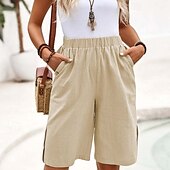 cheap Cotton Linen Shorts-Women&#039;s Cotton Linen Shorts Shorts Crop Streetwear Casual Knee Length Natural Plain Pocket Elastic Waist Outdoor Comfortable Outdoor Going out Light Sky Blue Black White Dark navy Summer Regular Fit