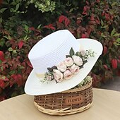 tanie Ochrona przeciwsłoneczna-szeroki rondo letniego kapelusza plażowego z wiązaniem z koronki kwiatowej, oddychający materiał papierowy, elegancki pastelowy wzór zapewniający ochronę przed słońcem na zewnątrz