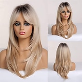 levne Syntetické trendy paruky-20 palců dlouhé rovné blond vrstvené syntetické paruky pro ženy s tmavými kořínky pro každodenní párty