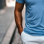 economico T-shirt in Cotone e Lino-Men's T Shirt Tee Top Bamboo T-shirt Short Sleeve Short Sleeves V Neck Summer Solid Color Plain Fashion Designer Basic V Neck Casual Vacation Street Blue Top Tee for Men