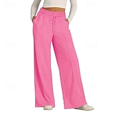 billiga breda ben och hög midja-Dam Trosor Byxor Streetwear Ledigt Fullängd Naturlig Slät Ficka Elastisk dragsko-design Bekväm Utomhus Gata Utekväll Magenta Aprikos Mörkbrun Svart Sommar Normal
