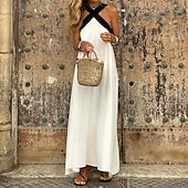 preiswerte Kleider aus Baumwolle und Leinen entwerfen-Damen Langes Kleid Maxikleid Baumwoll-Leinenkleid Mode Klassisch Täglich Ferien Ausgehen Normale Passform Farbblock Ärmellos V Ausschnitt Schwarz Weiß Sommer