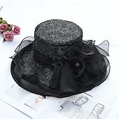 cheap Party Hats-Hats Organza Sun Hat Holiday Tea Party Horse Race Cocktail Elegant Vintage Cute With Floral Headpiece Headwear