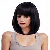 economico Parrucche trendy sintetiche-Parrucca rugelyss nera corta e liscia con frangia, 12 pollici, parrucche sintetiche per donne e ragazze con cuffia per parrucca