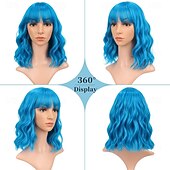 رخيصةأون باروكات شهيرة صناعية-باروكة شعر قصيرة بوب زرقاء اللون مموجة مع غرة هوائية للنساء بطول الكتف، باروكة شعر اصطناعية مجعدة ومموجة، باروكة شعر بوب باستيل للفتيات، باروكات ملونة